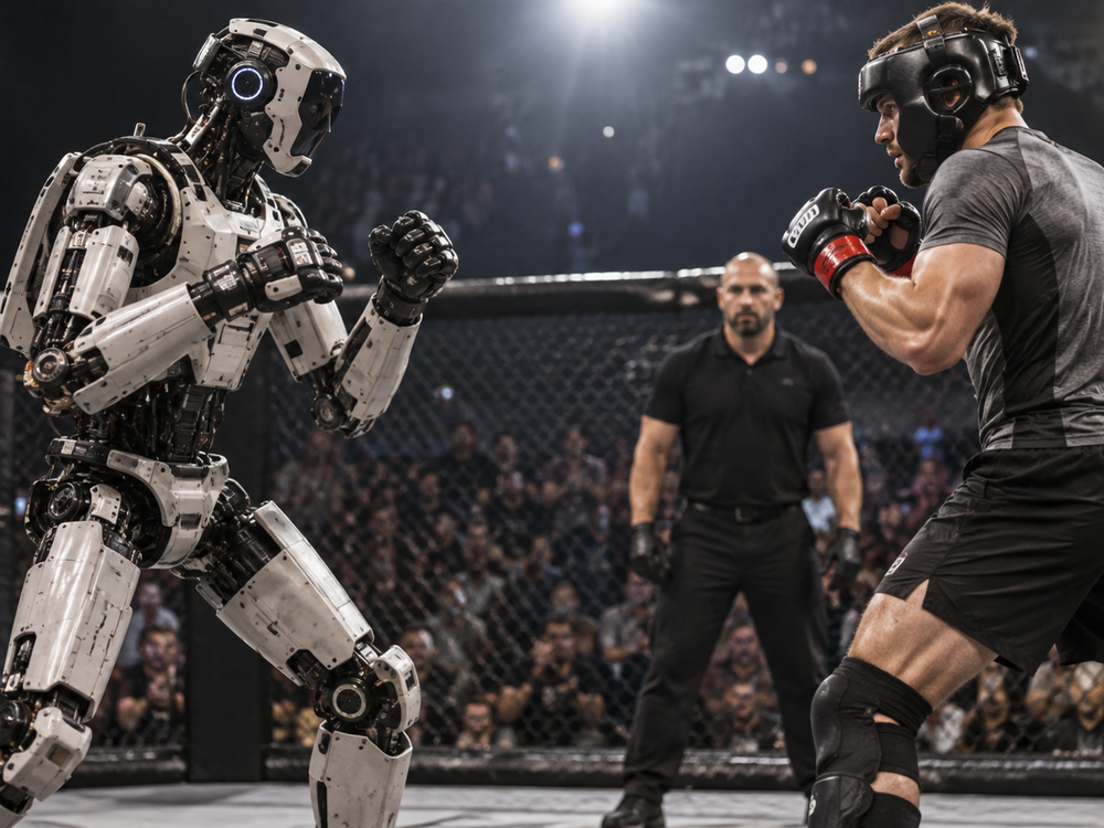 Človek vs. humanoid v klietke. Zápas mal nečakaný háčik
