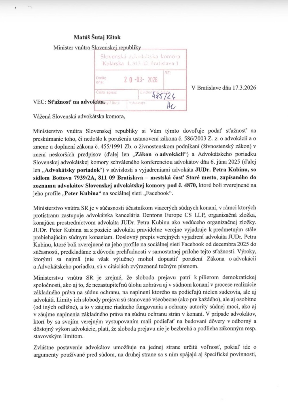 Znenie sťažnosti ministerstva vnútra na advokáta vyšetrovateľov okolo Jána Čurillu, Petra Kubinu