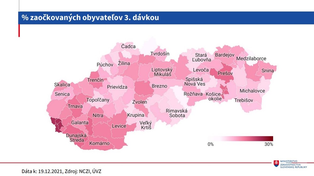 Percentá zaočkovaných obyvateľov treťou dávkou