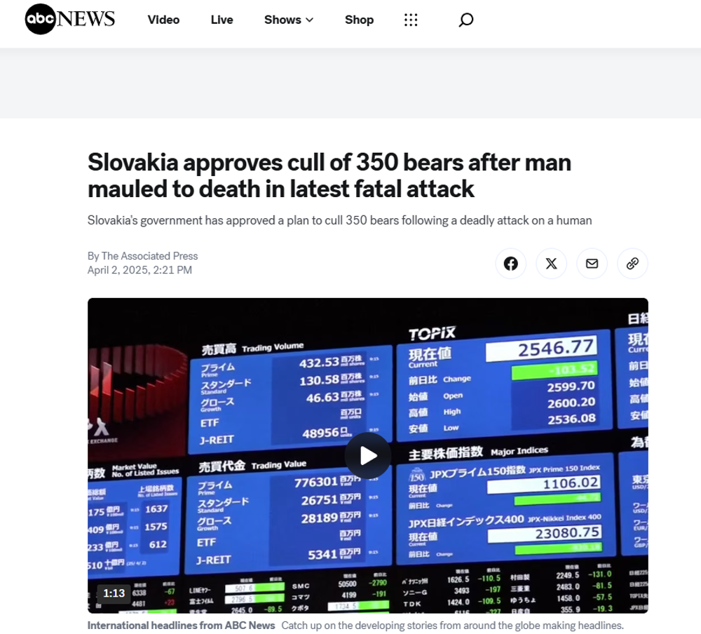 Stránka ABC News píše o odstrele medveďa na Slovensku