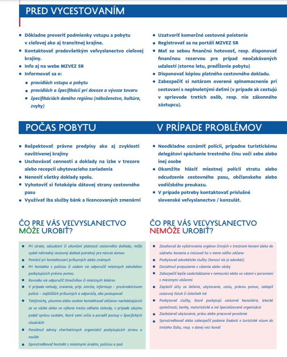 pred vycestovaním, počas pobytu, v prípade problémov