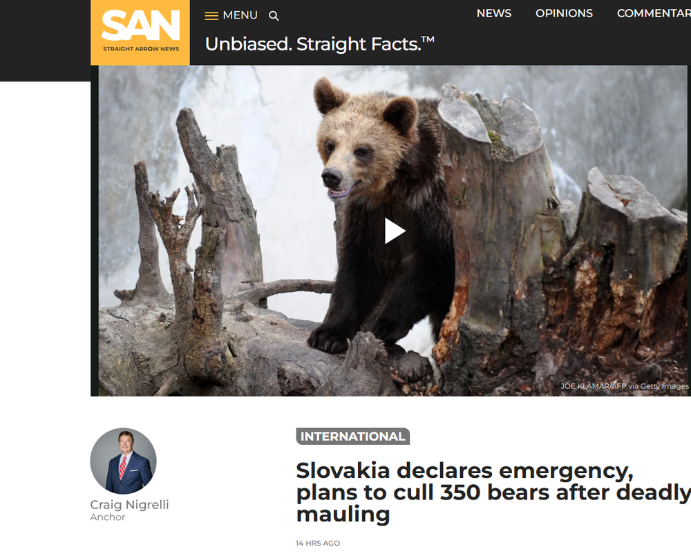Stránka Straight arrow news píše o odstrele medveďa