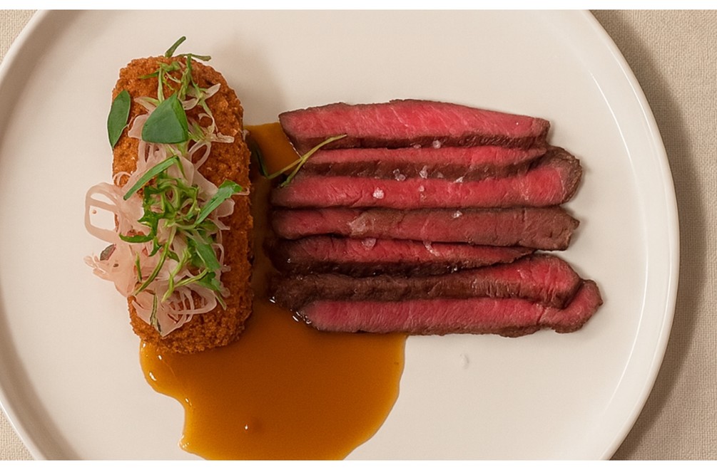 HLAVNÉ JEDLO - Steak hovädzí, patizónová kroketa, majonéza z čierneho cesnaku, nakladaná šalotka