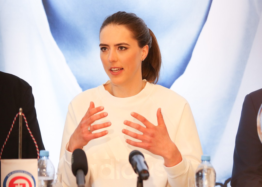Petra Vlhová počas tlačovej konferencie s Veľkým glóbusom 