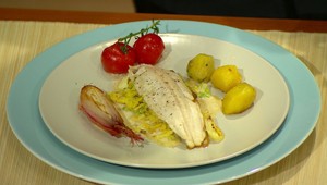 Pstruh na smotanovom keli s baby zemiakmi