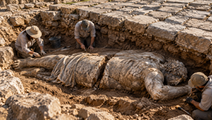 Archeológovia našli vyše dvojmetrovú sochu. Ležala tvárou nadol