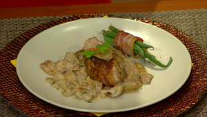 Bravčová panenka na zelených fazuľkách so slaninkou podávané na hubovo – smotanovej omáčke