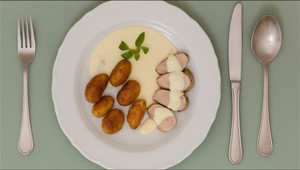 Bravčová panenka s pečenými zemiakmi a syrovou omáčkou