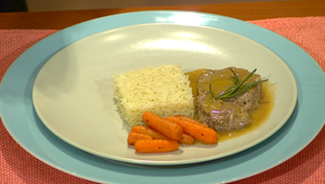 Sviečkové plátky v horčicovej omáčke s ryžou a grilovanou baby mrkvou