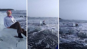 Silná vlna odplavila babku na ľadovej kryhe, chcela si urobiť fotku