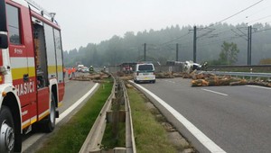 Kamión naložený drevom havaroval a zablokoval celú diaľnicu