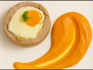 Plnená fašírka so syrom a vajíčkom, hokkaido-batatové pyré