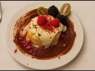 Koláč s pistáciovým krémom, malinovou marmeládou a čokoládovou polevou