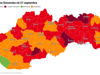COVID AUTOMAT: Medzi bordové okresy pribudla Stará Ľubovňa, zelená je už iba Dunajská Streda