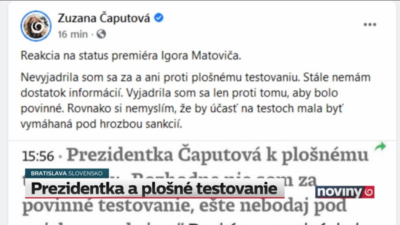 Prezidentka a plošné testovanie