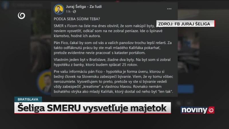 Šeliga SMERU vysvetľuje majetok