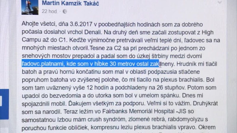 Náš horolezec, ktorého vysekávali z trhliny v ľadovci, sa prebral. Ozval sa cez sociálnu sieť