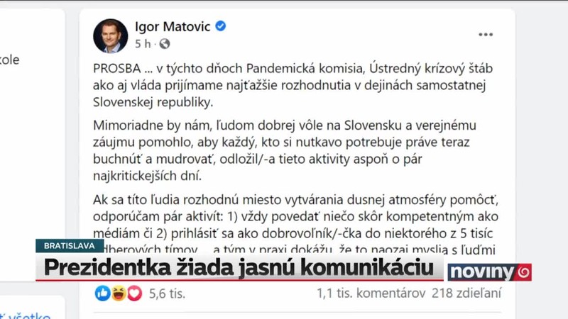 Prezidentka žiada jasnú komunikáciu