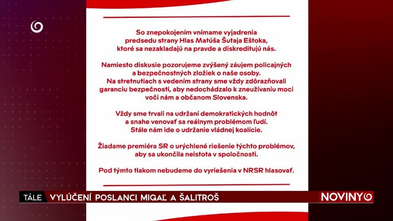 VYLÚČENÍ POSLANCI MIGAĽ A ŠALITROŠ