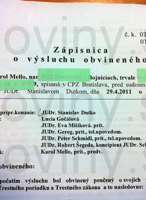 Karol Mello zápisnica o výsluchu obžalovaného