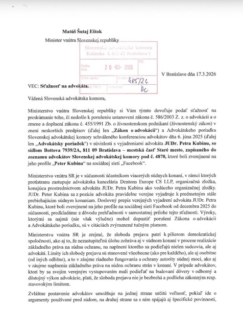 Znenie sťažnosti ministerstva vnútra na advokáta vyšetrovateľov okolo Jána Čurillu, Petra Kubinu
