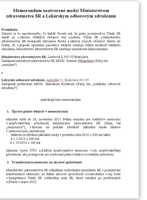 Memorandum MZ SR a LOZ strana 1