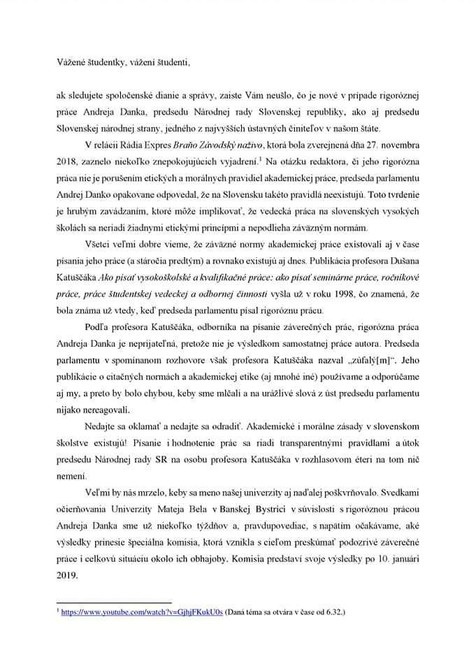 List študentom od Filozofickej fakulty UMB