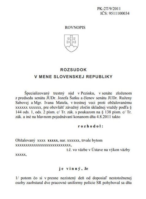 Rozsudok ŠTS v prípade vraždy exprimátora Hurbanova - strana 1