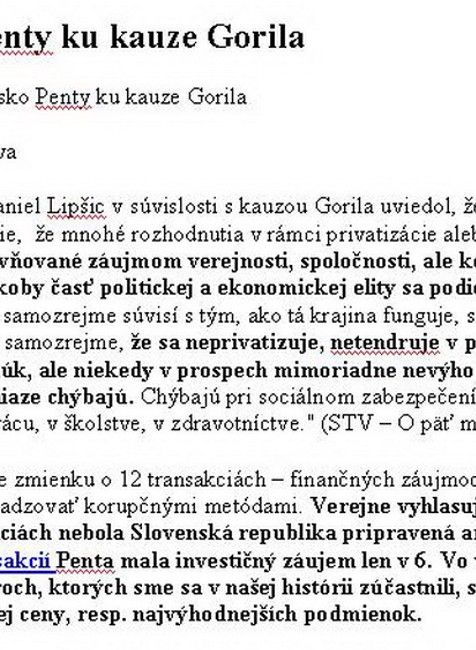 Penta stanovisku ku kauze Gorila a korupcii