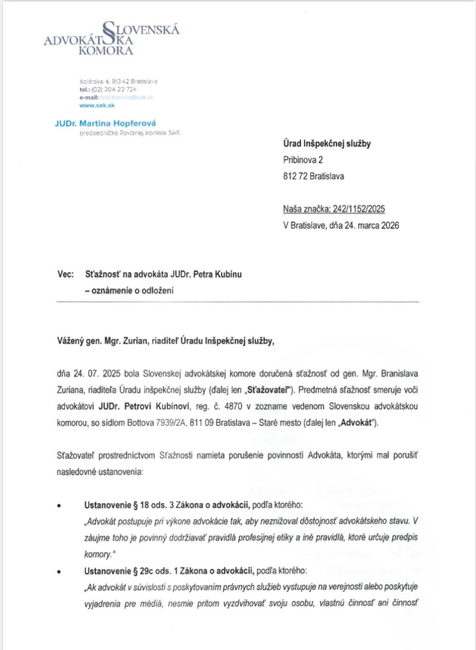 Výsledok sťažnosti na advokáta Petra Kubinu.