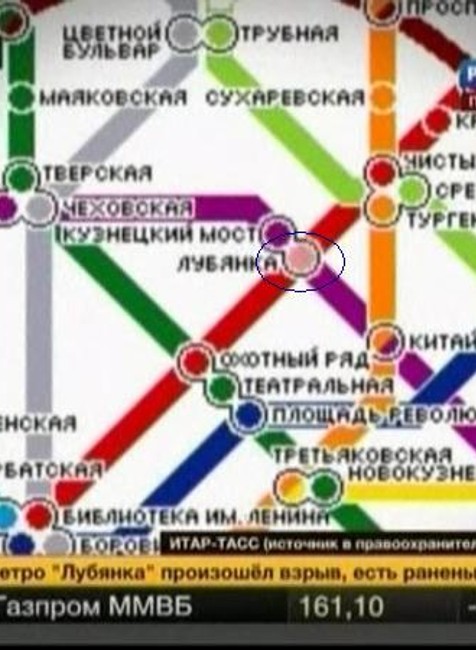 mapa ruskeho metra, vyznacene miesto vybuchu