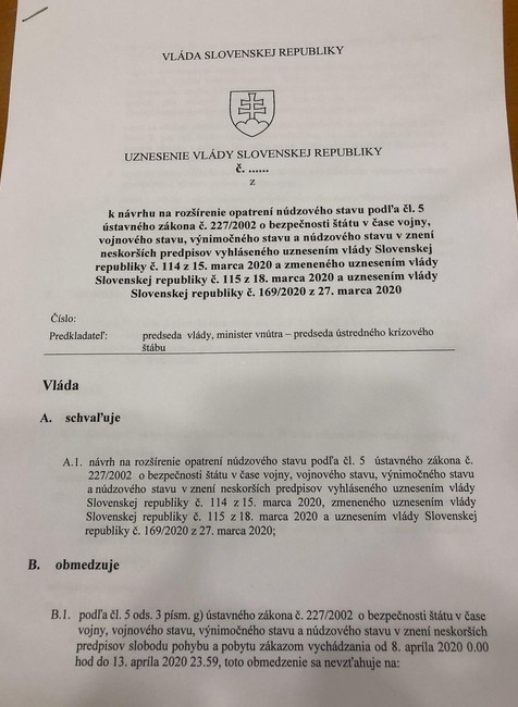Uznesenie vlády o zákazu pohybu osôb na obdobie od 8.4. až 13.4.