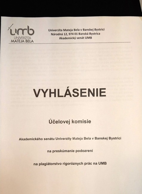 Vyhlásenie Akademického senátu UMB k Dankovej rigoróznej práci 