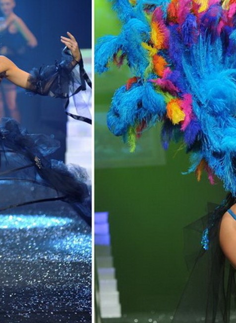 Koláž, modelka Andrea Verešová na módnom móle v spodnej bielizni