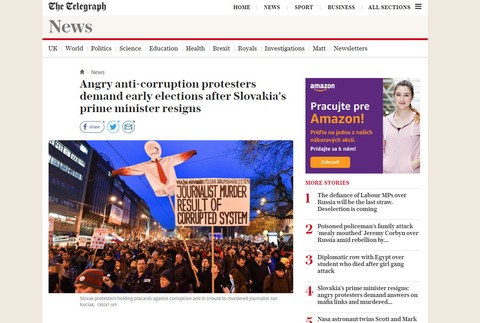 The Telegraph: Rozhnevaní protestujúci proti korupcii požadujú predčasné voľby po odstúpení slovenského premiéra