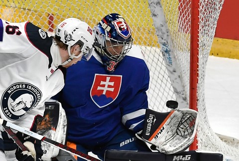 Brankár Slovenska Stanislav Škorvánek v zápase hokejistov Slovensko – Nórsko