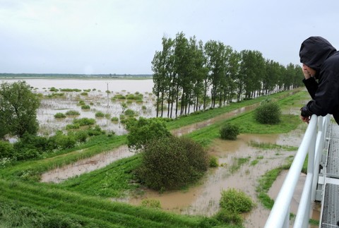 muz stoji na kraji na provizornom mostiku, rieka ondava vyliata