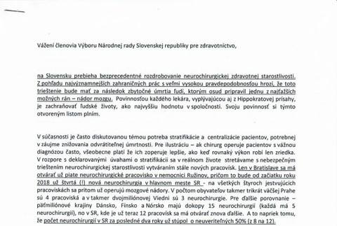 Otvorený list výboru NR SR - neurochirurgovia