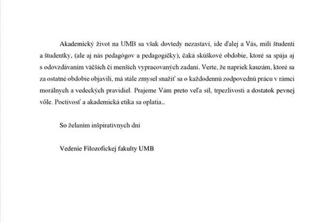 List študentom od Filozofickej fakulty UMB