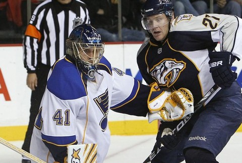 Jaroslav Halák v zápase Nashville-St.Louis