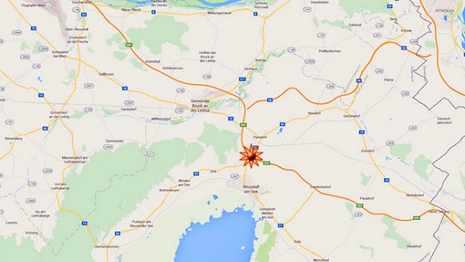 Rakúsko - mapa, kde nasli auto s mŕtvymi migrantami