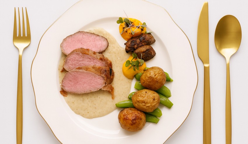 Panenka v slaninke, hubová mačanka, pečené baby zemiaky a tekvicové pyré