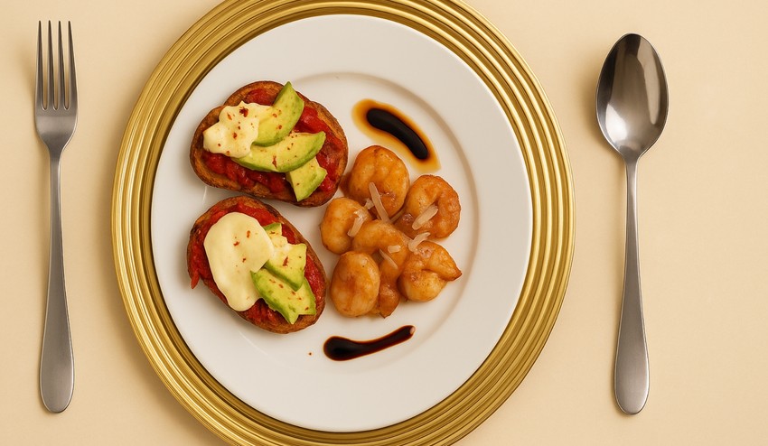 Bruschetta s pečenými paradajkami a flambované krevety