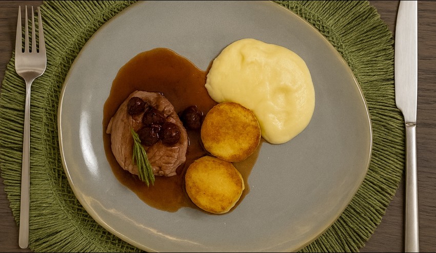 Filet z bravčovej sviečkovej so zeleninovou omáčkou a polentou