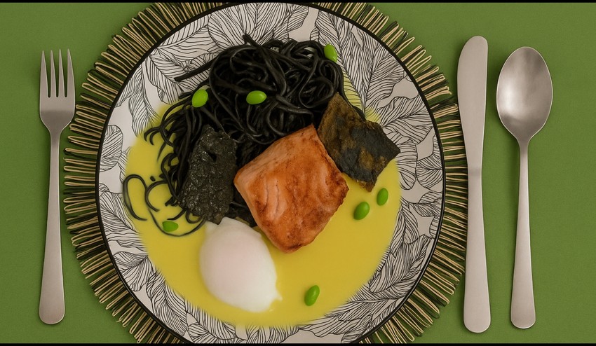 Losos, linguine, šafránová omáčka, stratené vajce