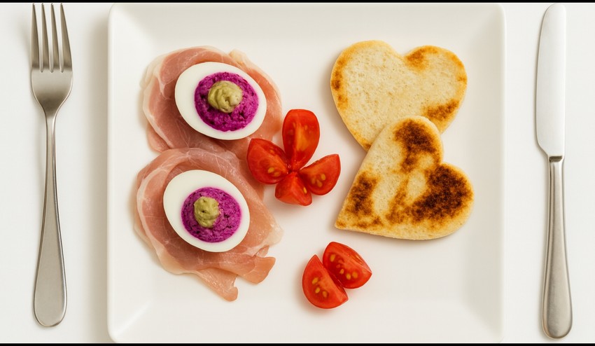 Plnené vajcia s červenou repou, avokádo, jemne opečené toastové chlebíky