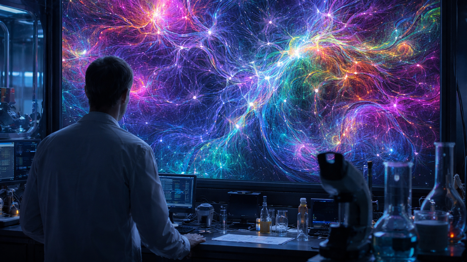 Vedec stojí chrbtom v modernom laboratóriu a sleduje veľkú obrazovku s farebnými psychedelickými fraktálnymi vzormi a jemnými vizualizáciami neurónovej siete, osvetlenú modro-fialovým ambientným svetlom.