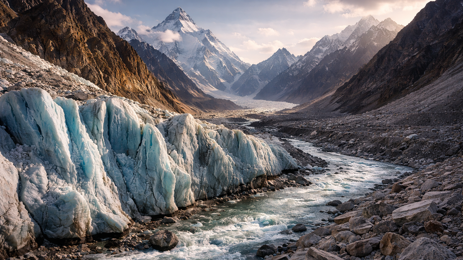 Ľadovec v horskej doline pohoria Karakoram s riekou a vysokými štítmi v pozadí, miesto, kde sa topením ľadu odhaľujú dávne tajomstvá.