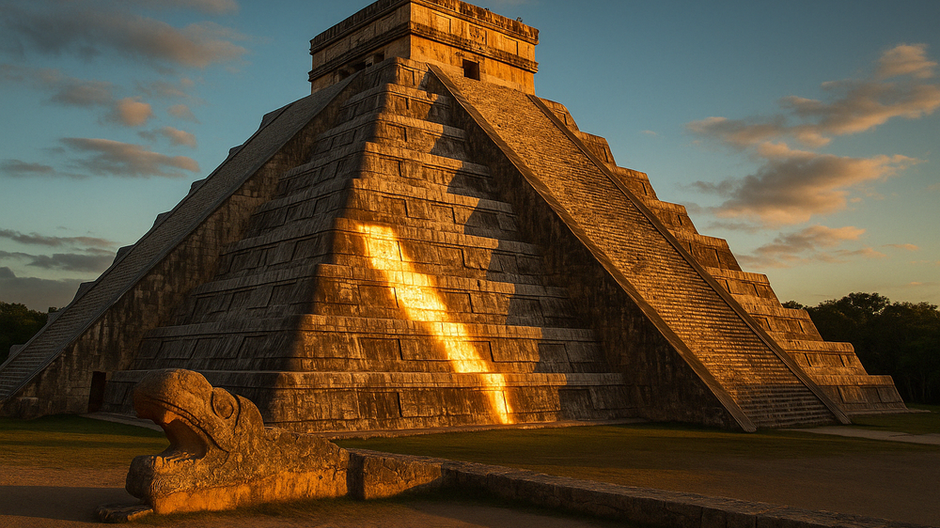 Light serpent effect on Kukulkán pyramid during equinox at Chichén Itzá, Mexico