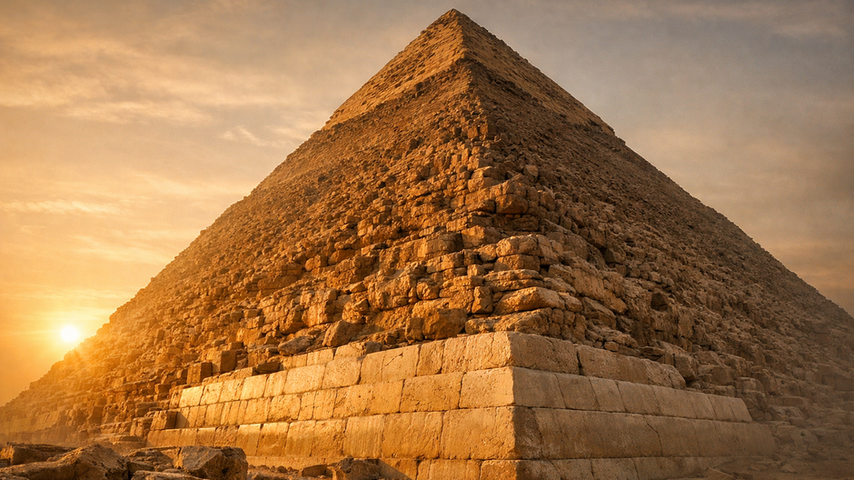 Fotorealistický pohľad na Veľkú pyramídu v Gíze pri východe slnka, zlaté ranné svetlo osvetľuje zvetrané vápencové bloky s viditeľnou eróziou.